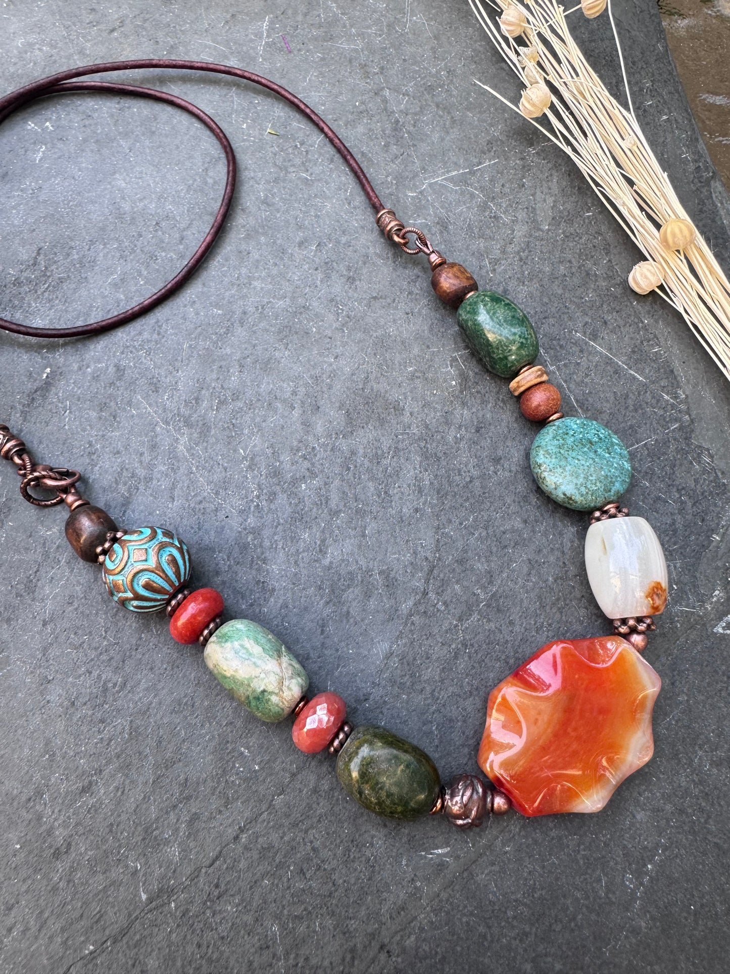Turquoise, Mixed stone, wood, carnelian agate, copper metal, leather, necklace