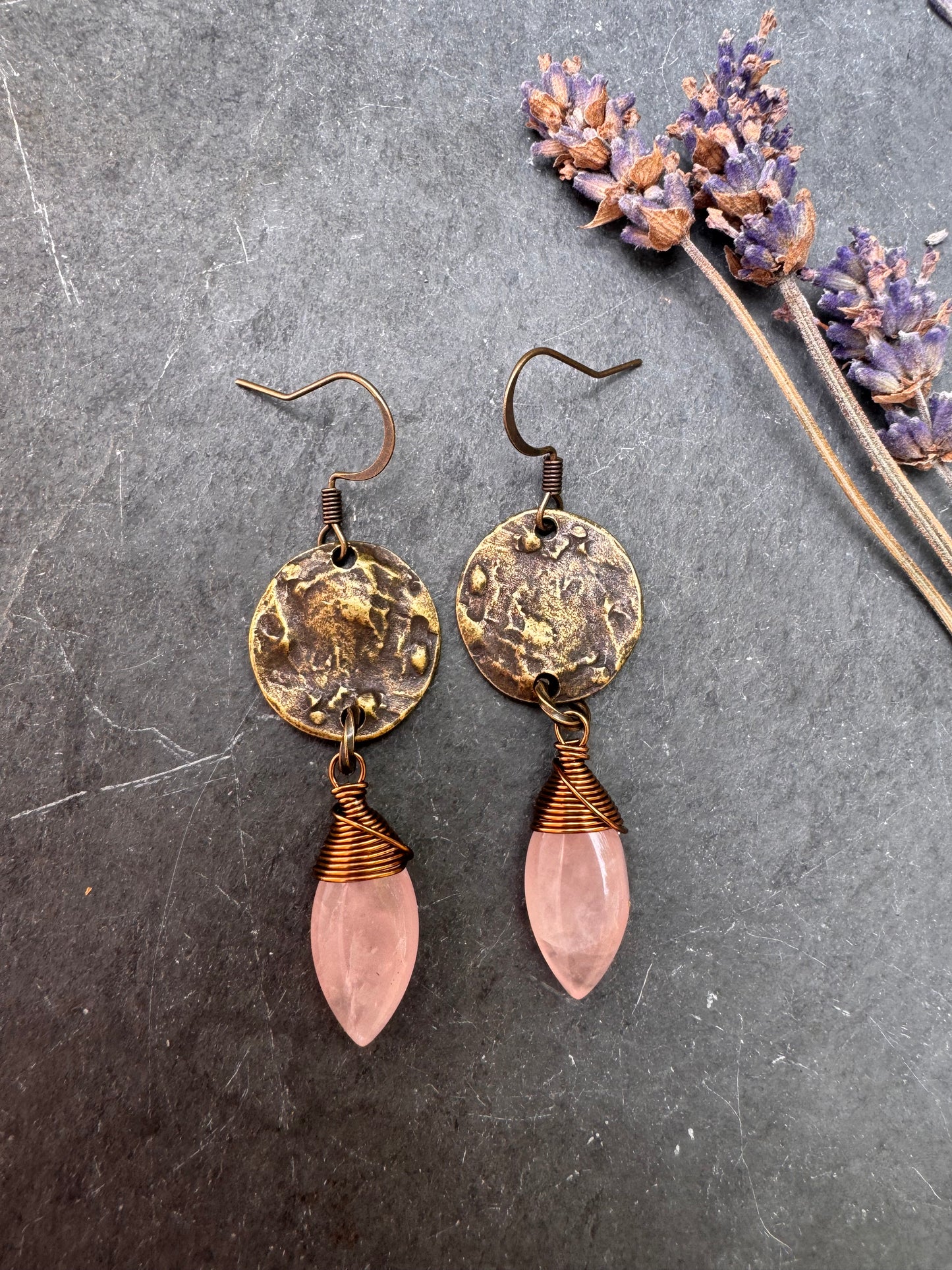 Rose quartz, brass metal, earrings