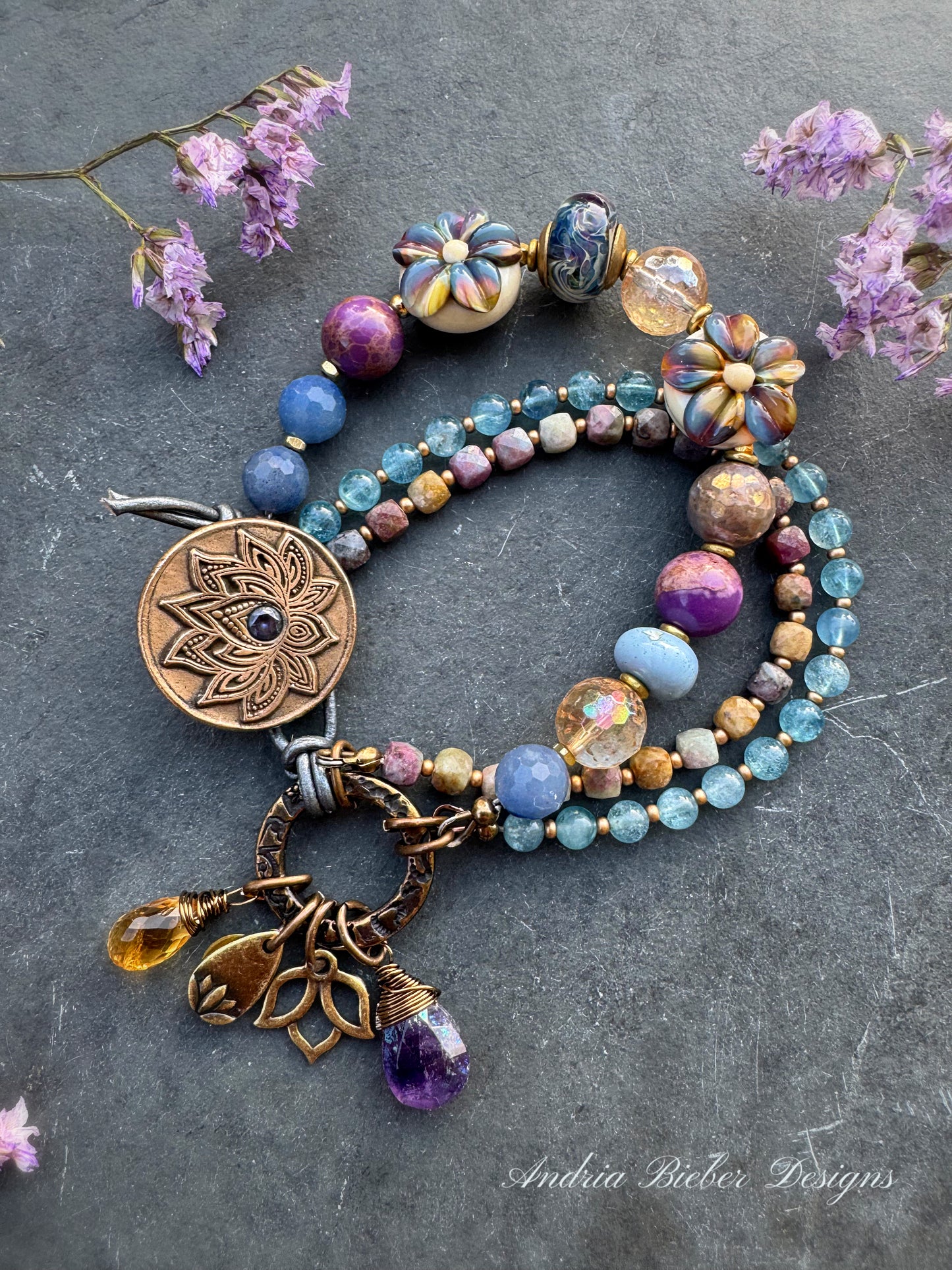 Lamp work glass, mixed gemstone, handmade, lotus flower metal button clasp ￼