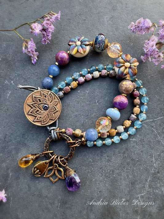 Lamp work glass, mixed gemstone, handmade, lotus flower metal button clasp ￼