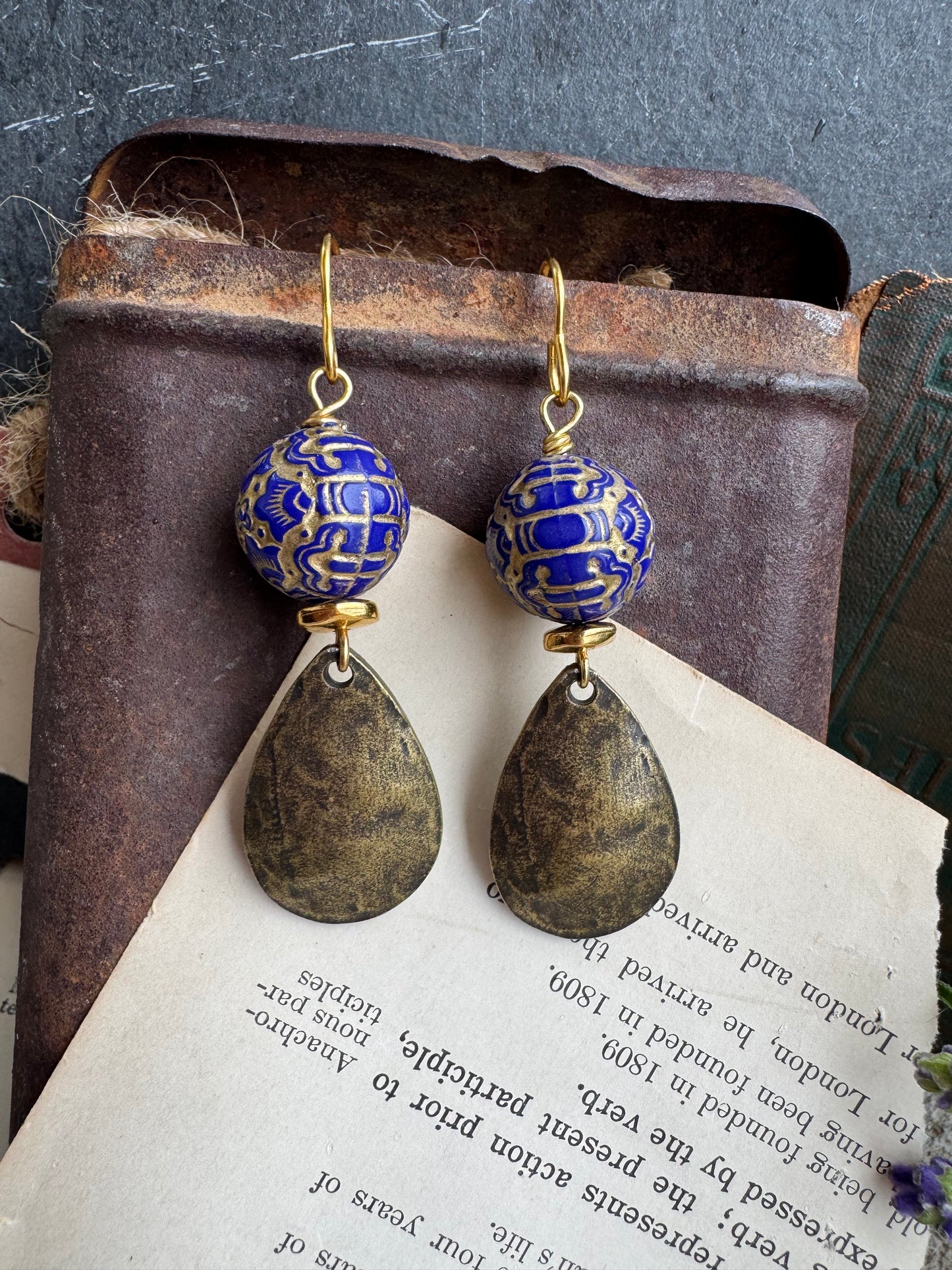Blue bead, Brass charm, earrings