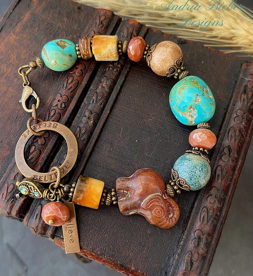 Elephant in Czech glass, turquoise stone, ceramic beads, Amazonite stone, orange agate, bronze metal, handmade bracelet