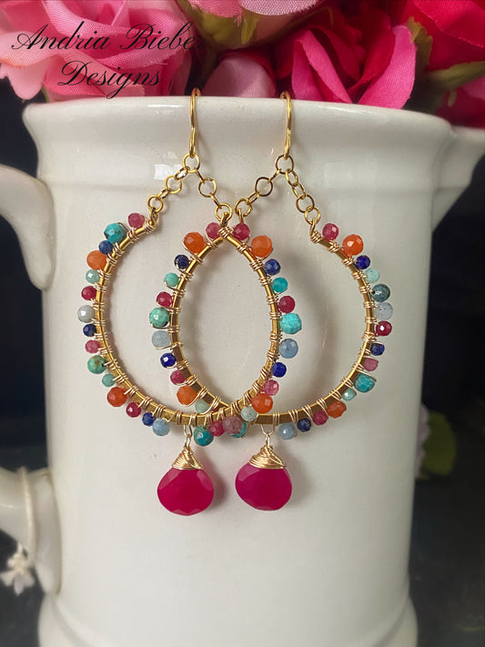 Pink chalcedony stone, ruby, turquoise, aquamarine, lapis lazuli, carnelian agate, gold metal hoop earrings, jewelry