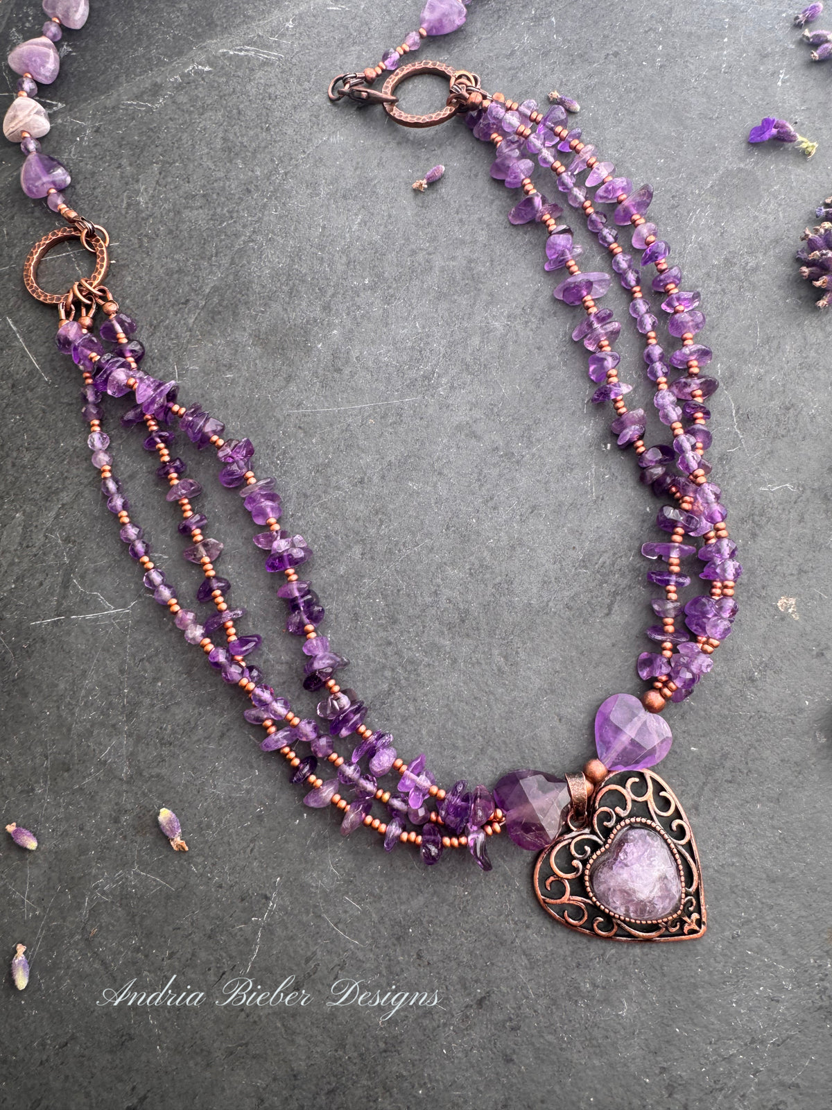 Hearts. Amethyst gemstone, copper metal, necklace
