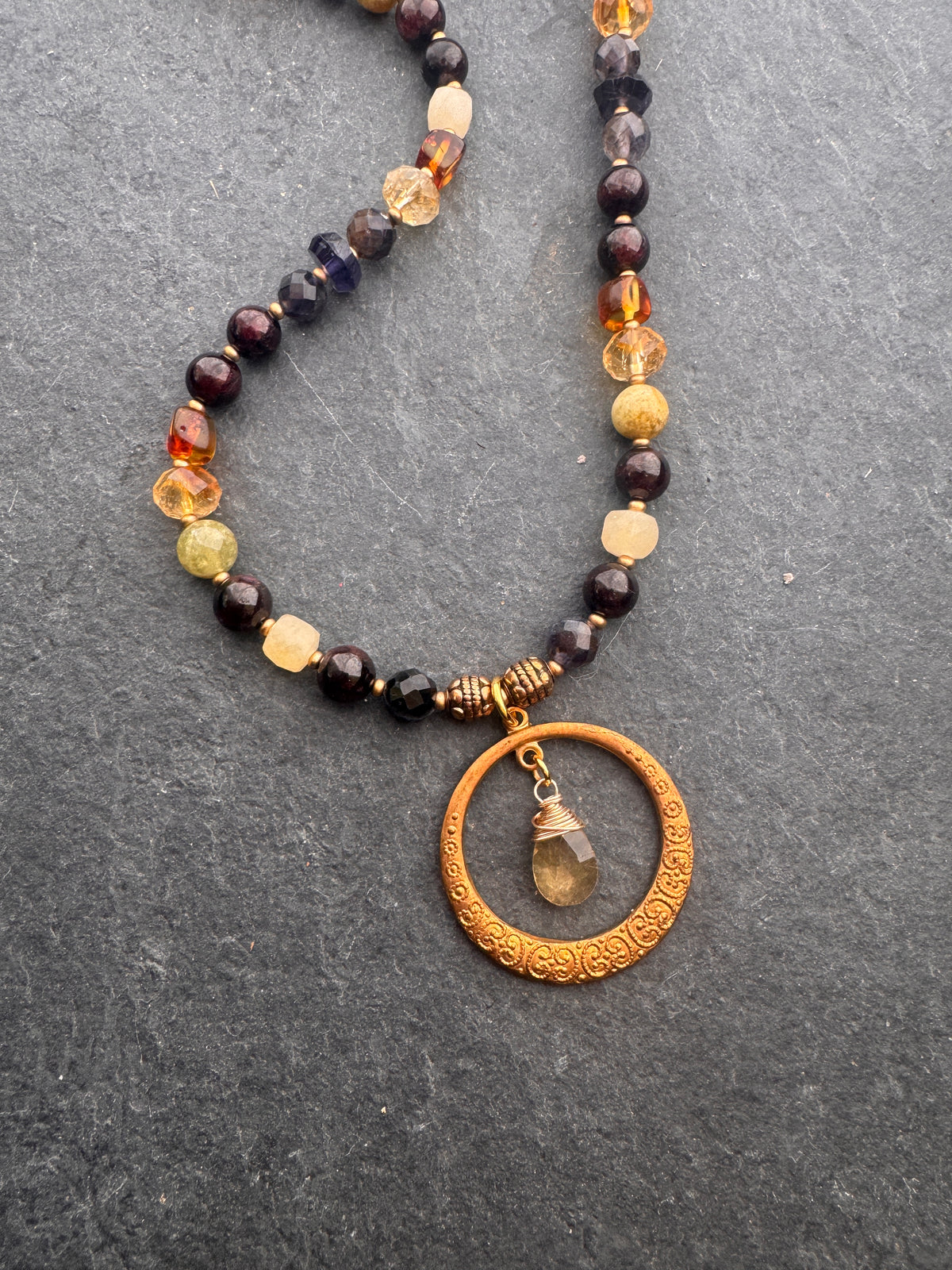 Garnet, green garnet, ioilite, citrine, amber, brass metal, necklace. Fall jewelry.