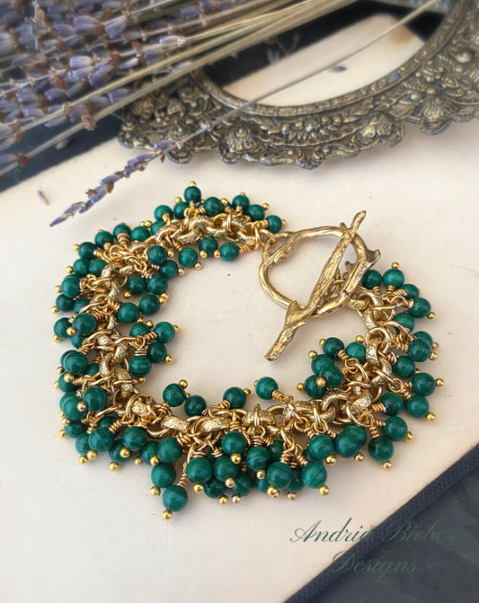 Genuine Green malachite gemstone and gold metal bracelet. - Andria Bieber Designs 