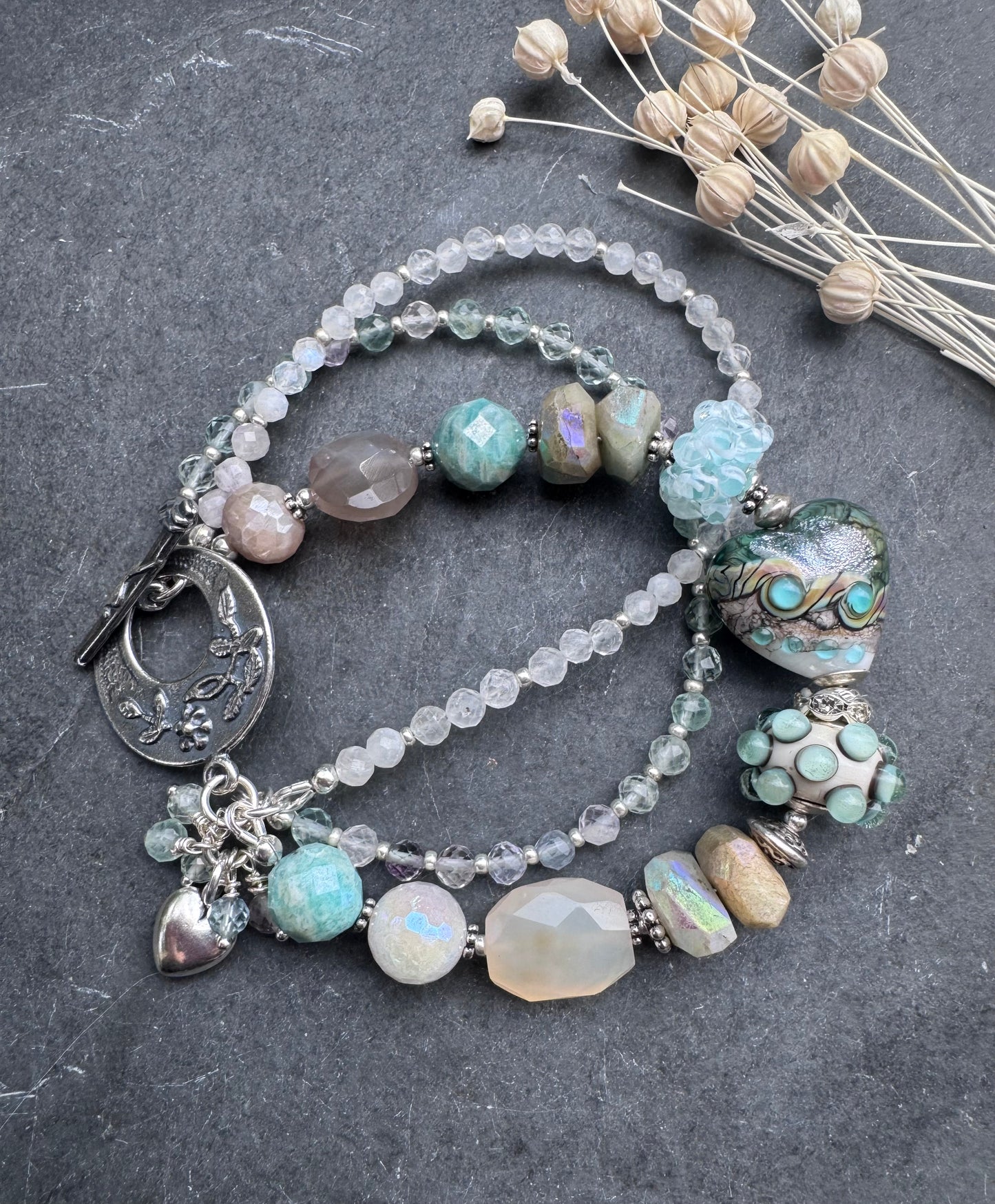 lampwork glass, amazonite , moonstone, fluorite, chalcedony, silver metal, bracelet