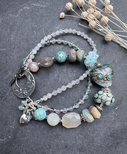 lampwork glass, amazonite , moonstone, fluorite, chalcedony, silver metal, bracelet