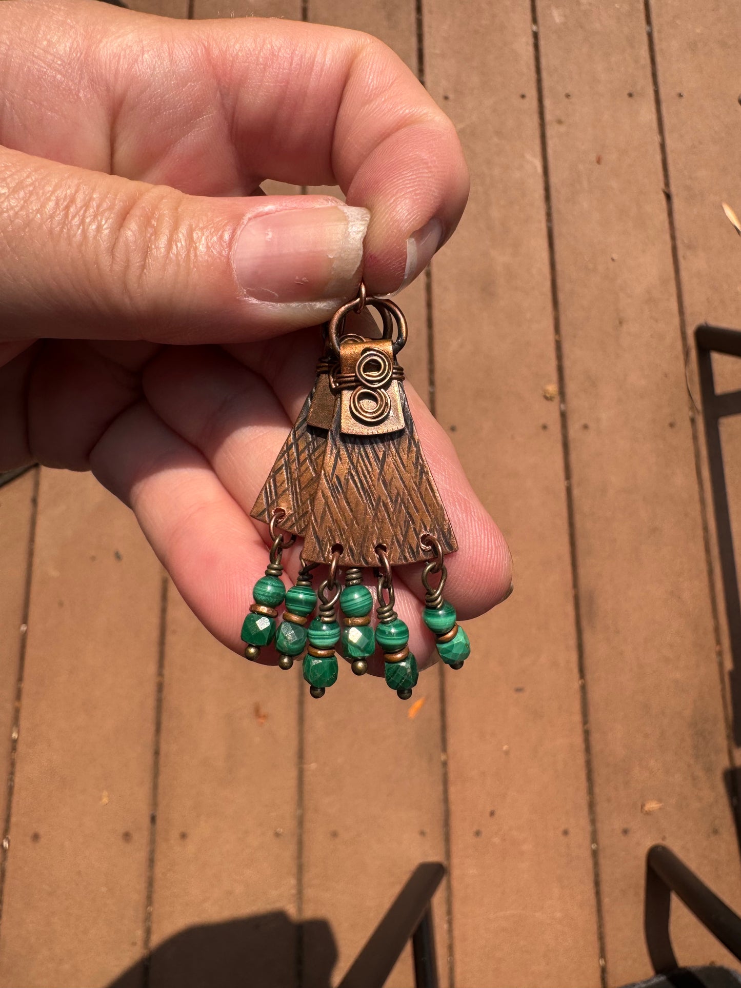 Malachite stone, copper metal, earrings