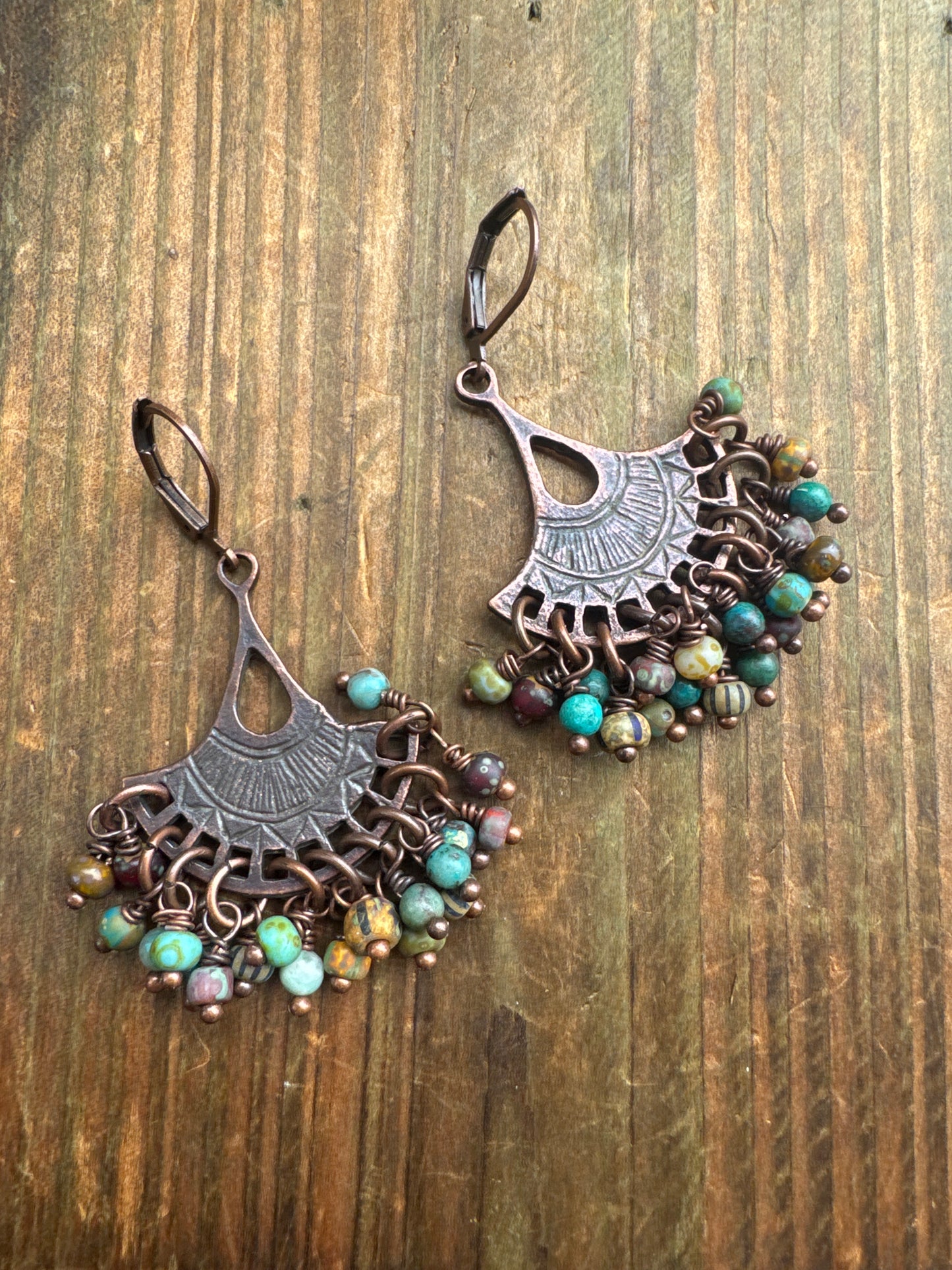 Czech glass,turquoise stone, copper charm, earrings
