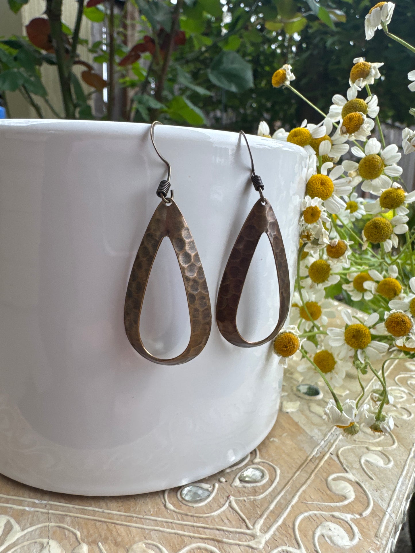 Bronze hammered charm, earring