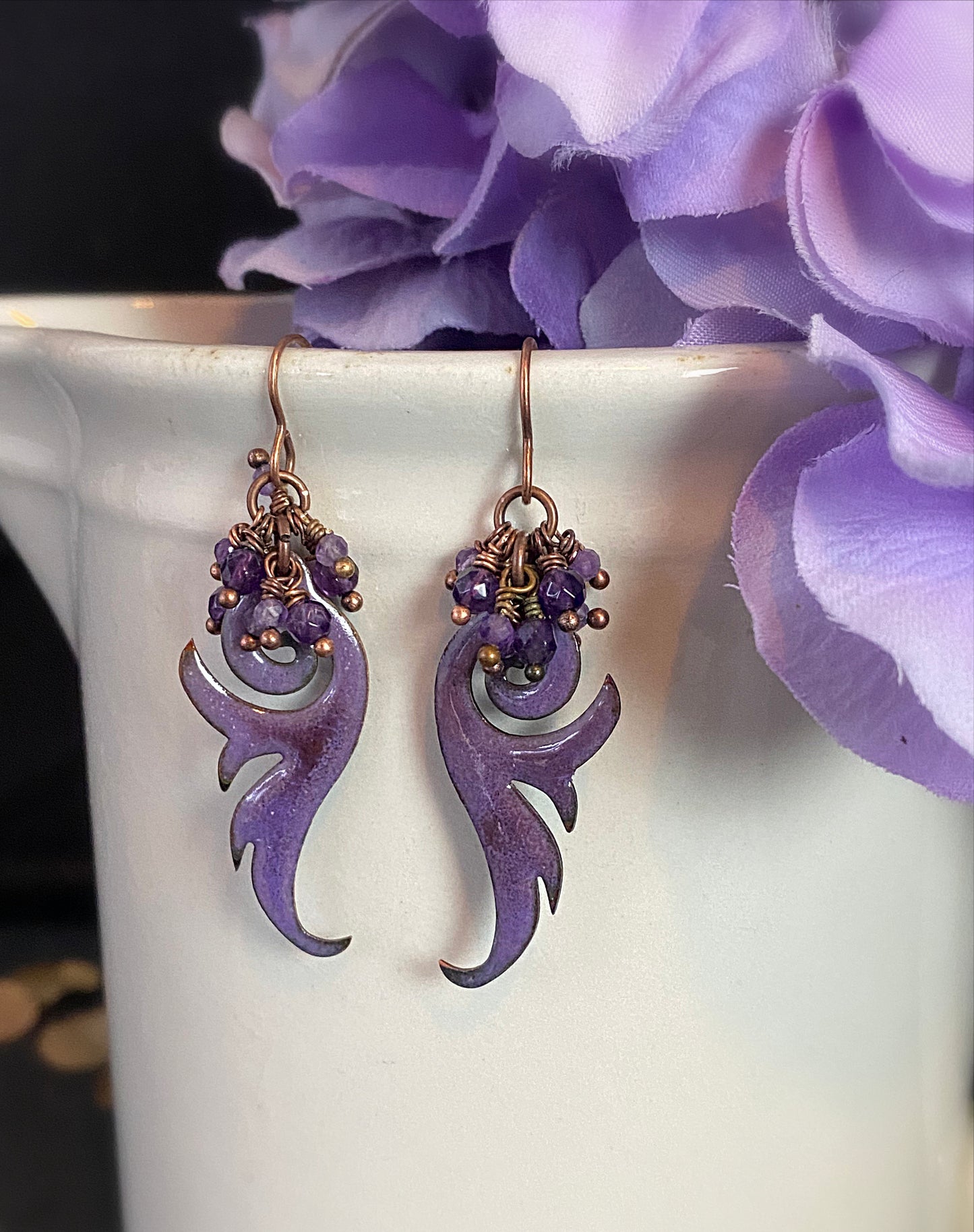 Purple flame enamel charms, amethyst stone, copper metal, earrings