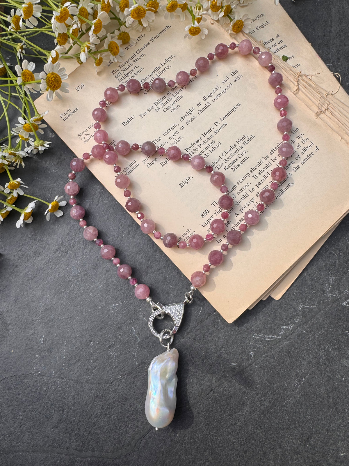 Pink tourmaline, Madagascar rose, quartz, Baroque freshwater pearl, silver metal, necklace