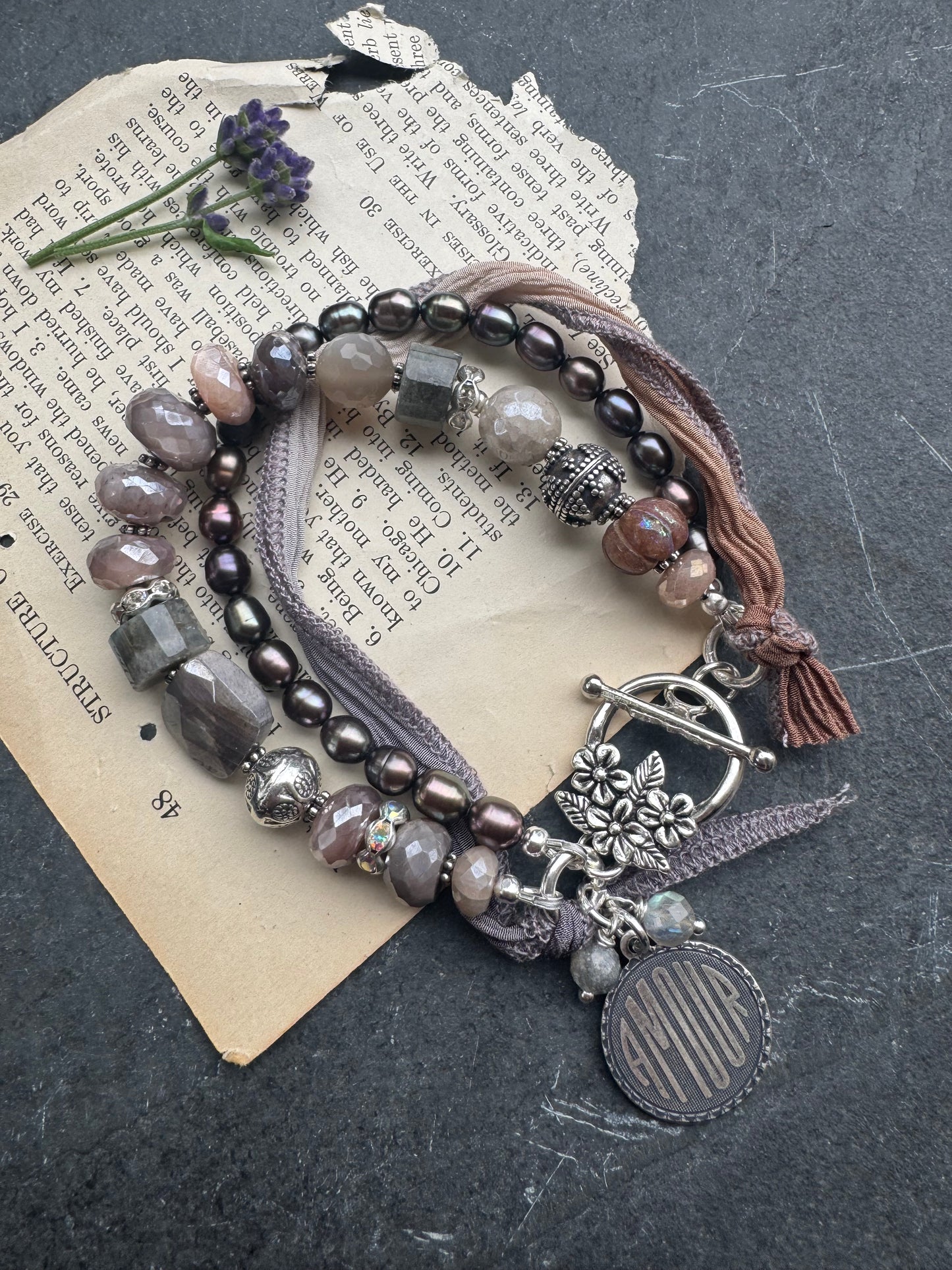 Peach & grey moonstone, grey pearls,  silk ribbon, and sterling silver metal.