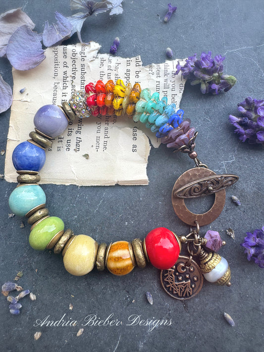 handmade ceramic beads, Czech glass, rhinestone, African brass, bracelet