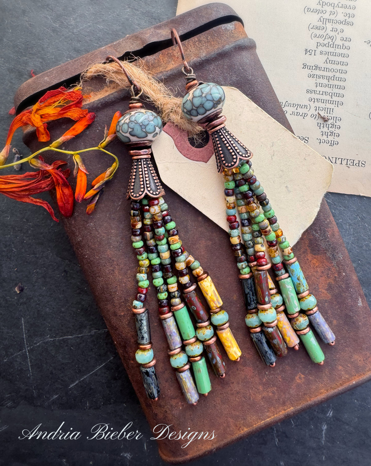 Handmade lamp work Glass, Czech glass, tassel, copper metal, earrings
