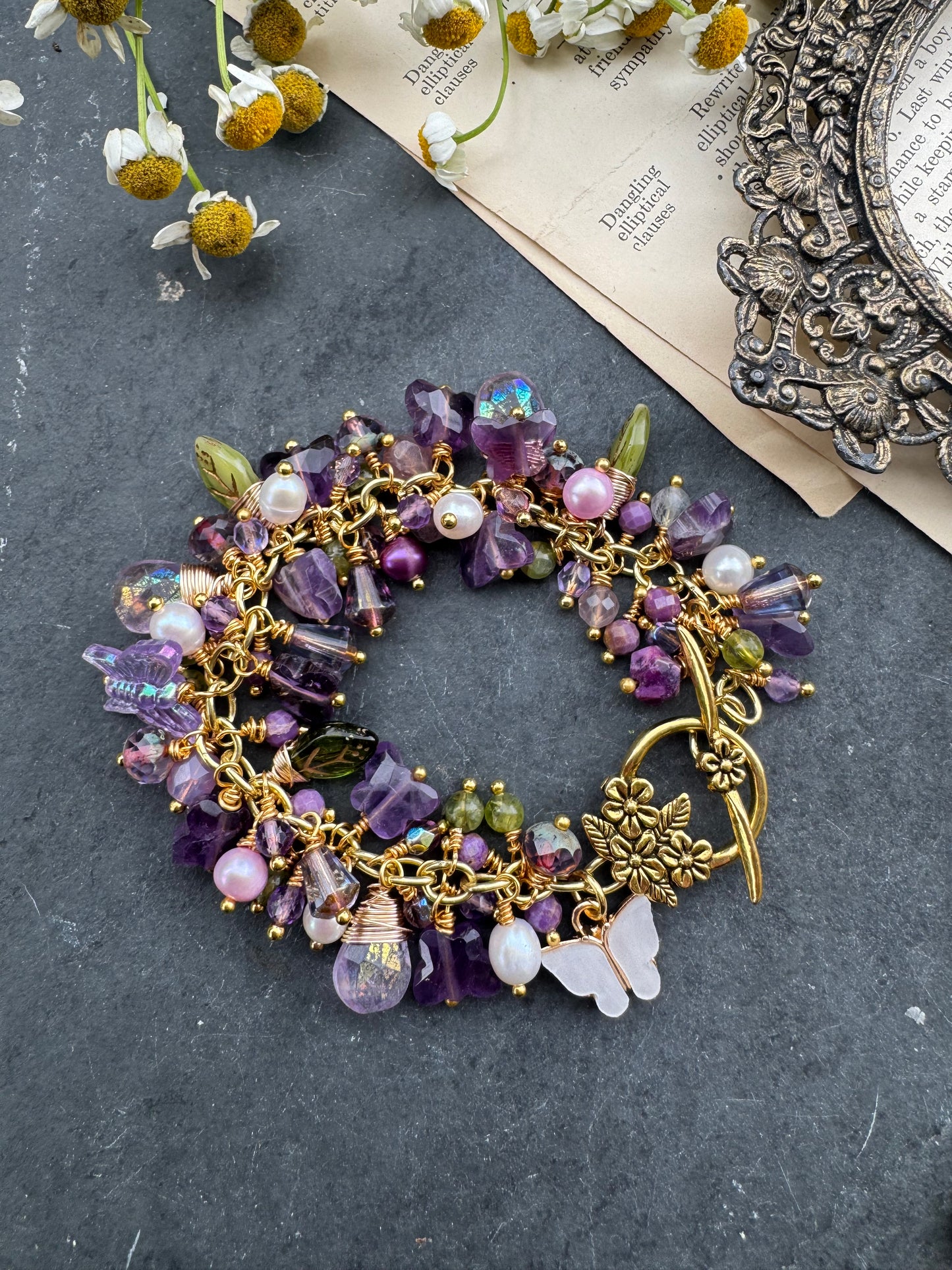 Amethyst, pearls, Czech glass, gold metal, butterfly bracelet.