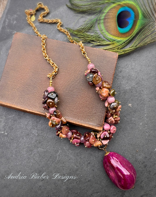 Watermelon tourmaline stone, agate pendant, gold metal, necklace