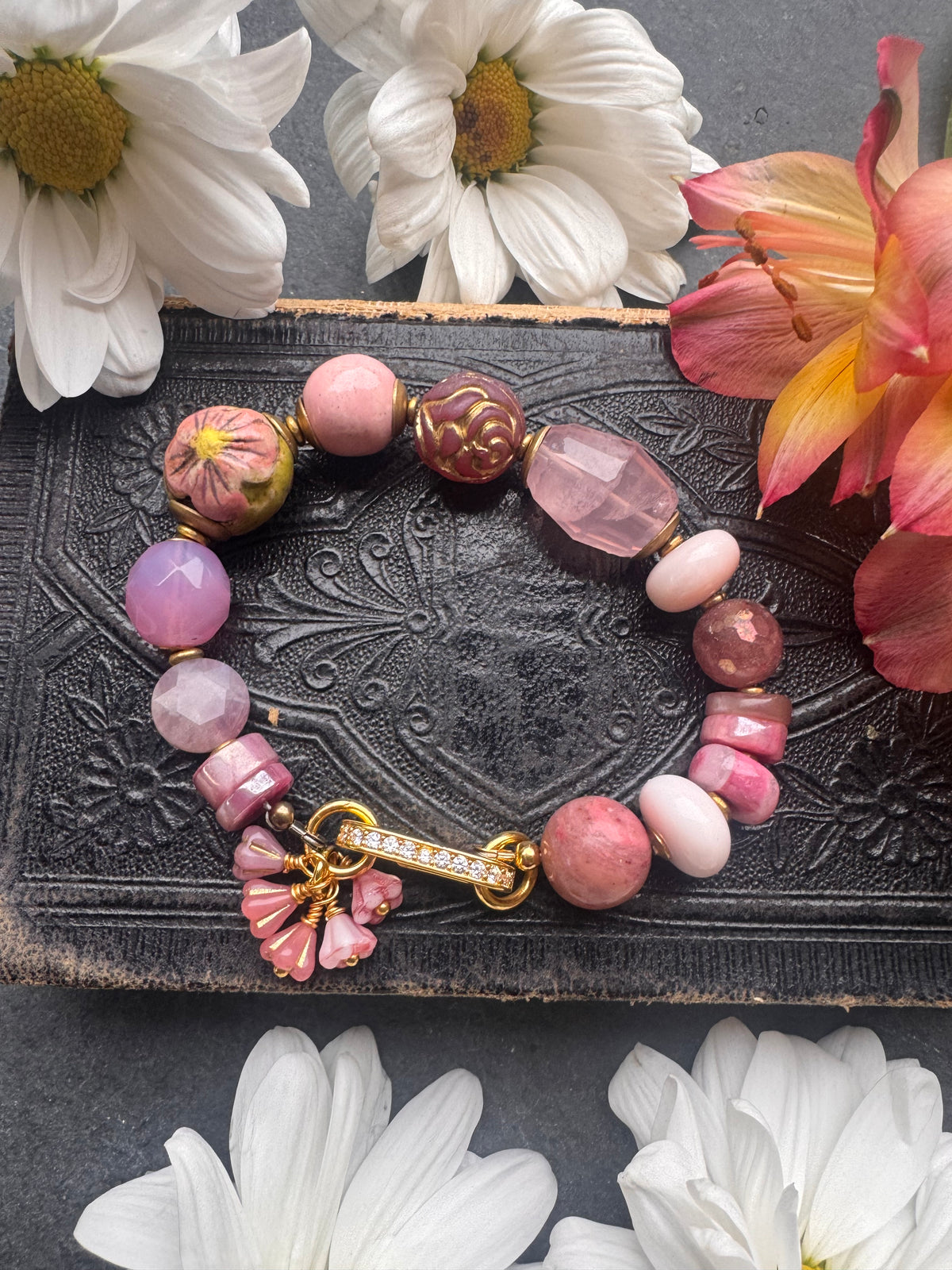 Pink gemstone blend, ceramic, Czech glass and gold metal bracelet.