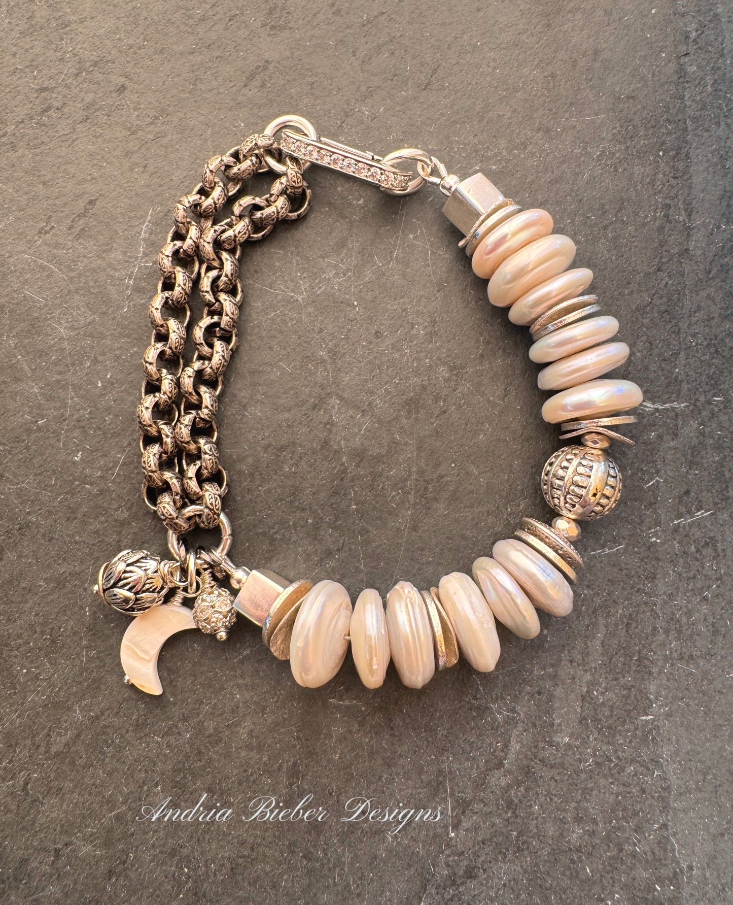 white Pearls, silver chain, rhinestone, bracelet