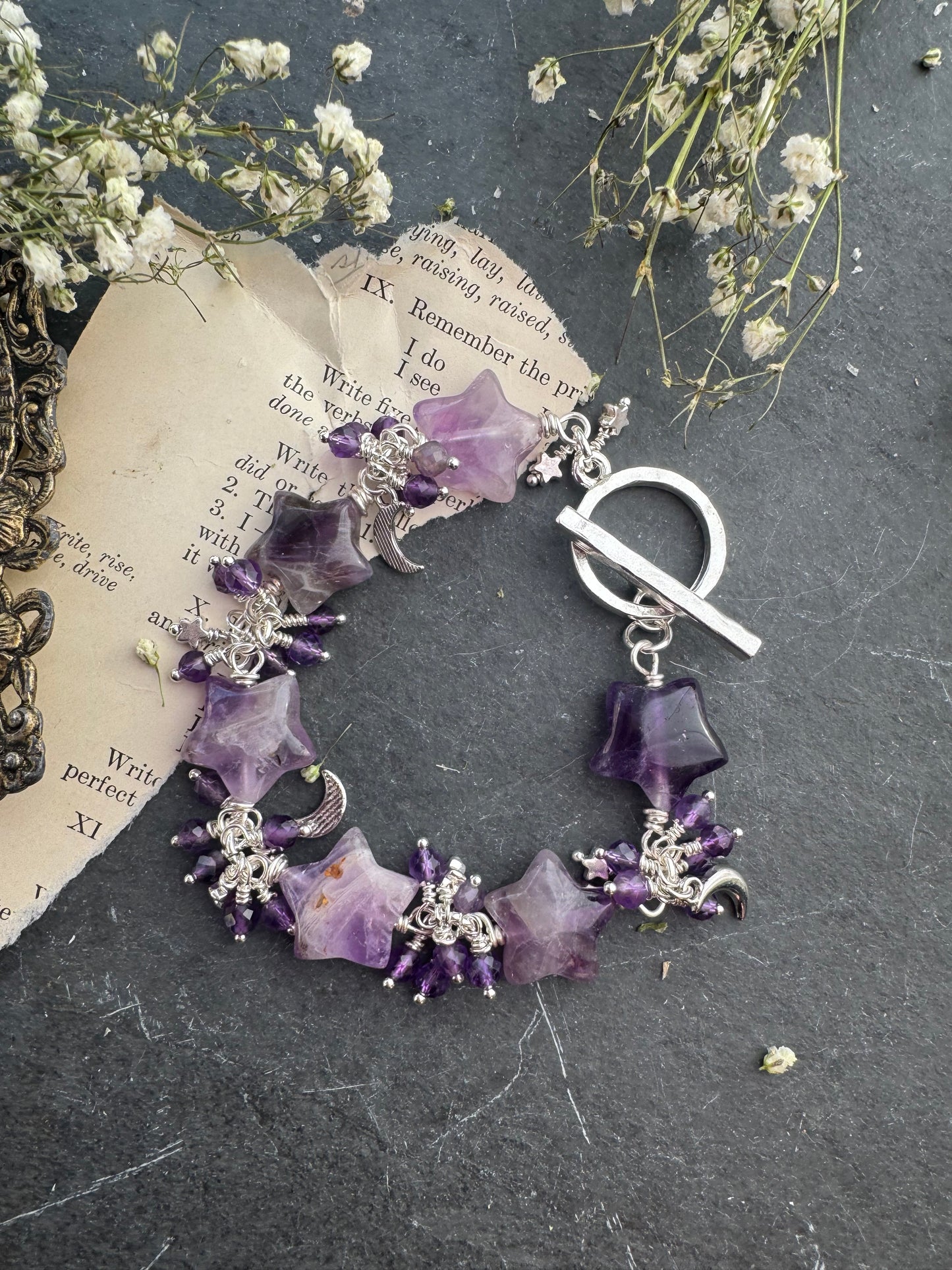 Amethyst stone stars, amethyst stone, silver metal, bracelet