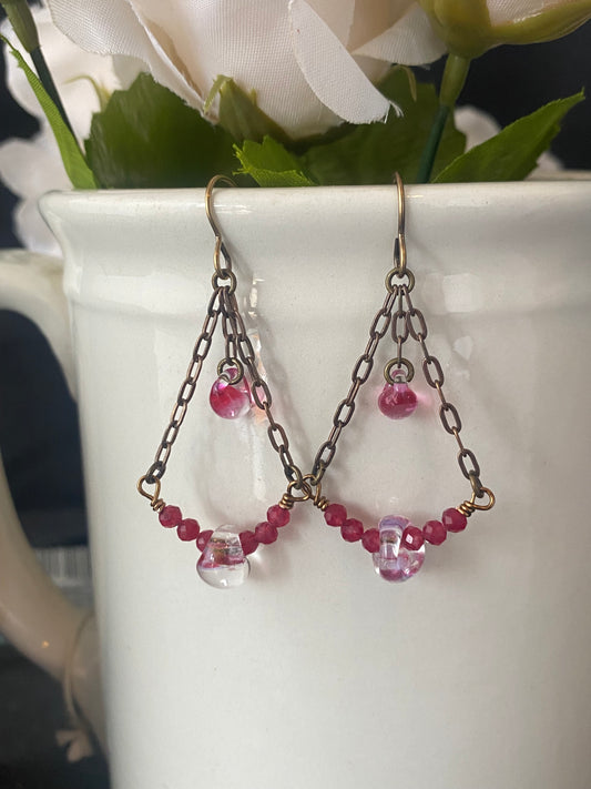 Unicorn glass drops, pink ruby stone, bronze metal earrings, jewelry.