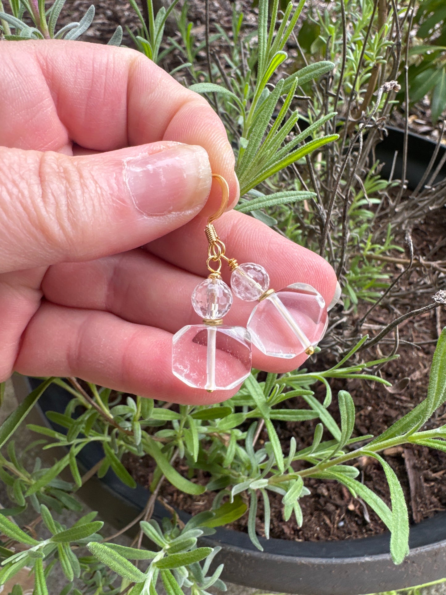 Clear quartz stone, gold metal, earrings