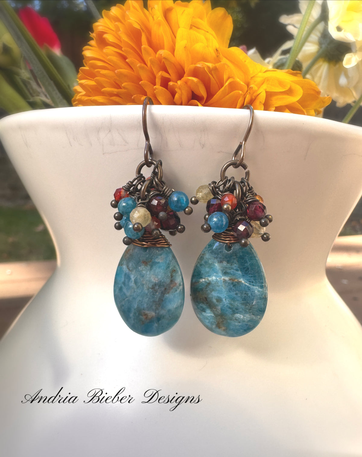 Apatite stone drops, citrine, garnet, orange agate stone, antq. brass metal, earrings