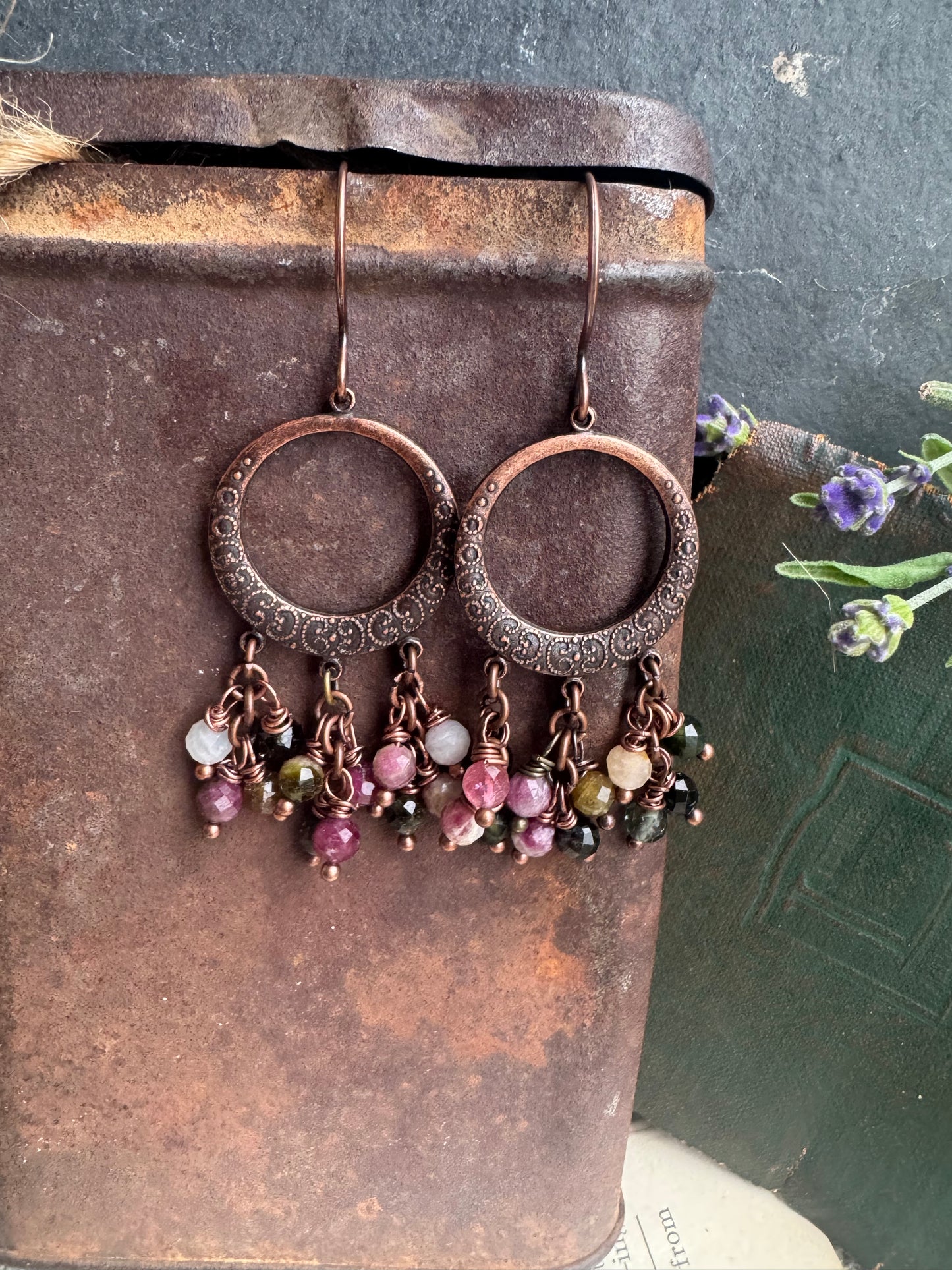 copper detailed charms, watermelon tourmaline stone, copper earrings