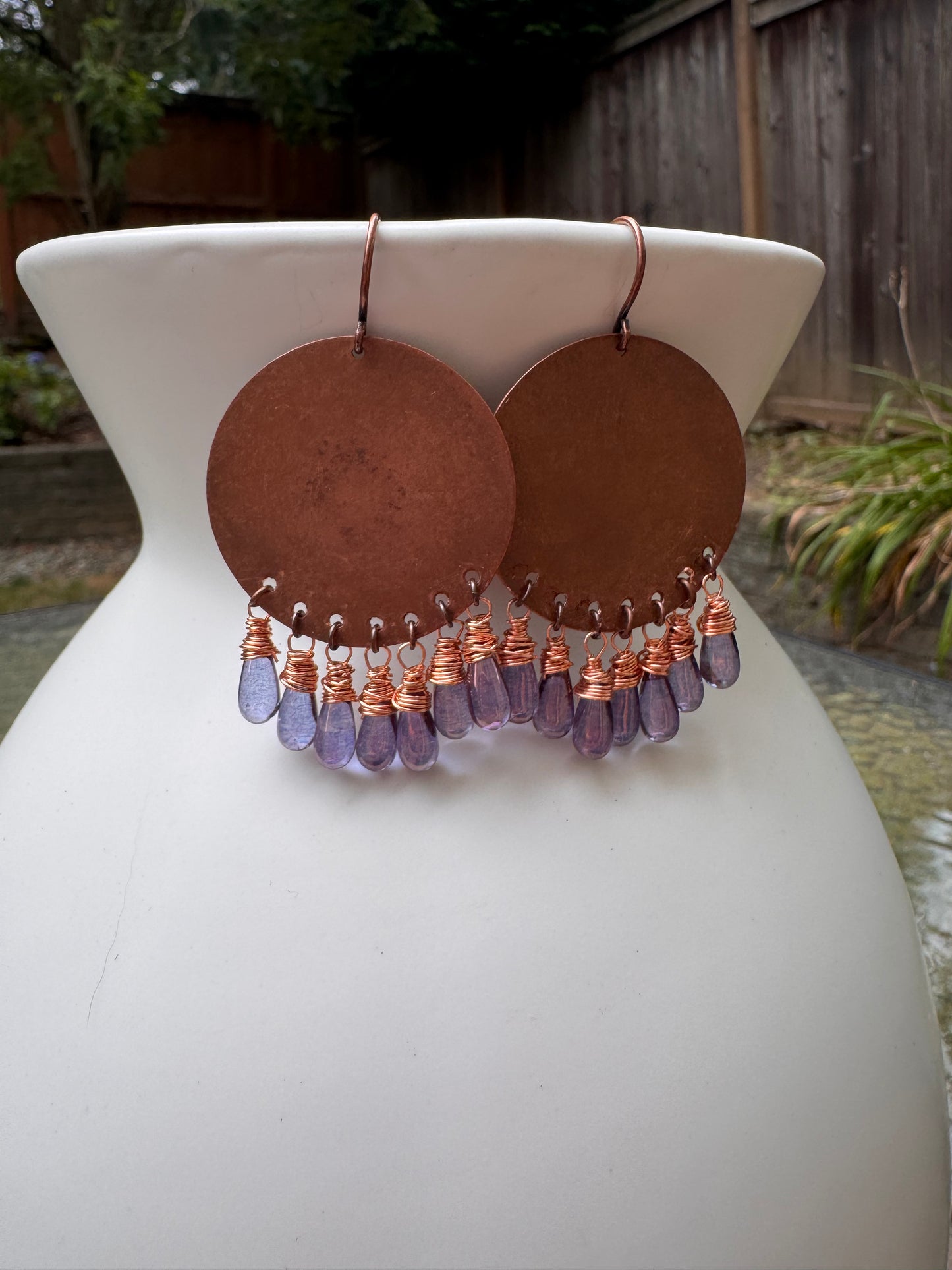 Purple czech glass drops, copper metal, earrings