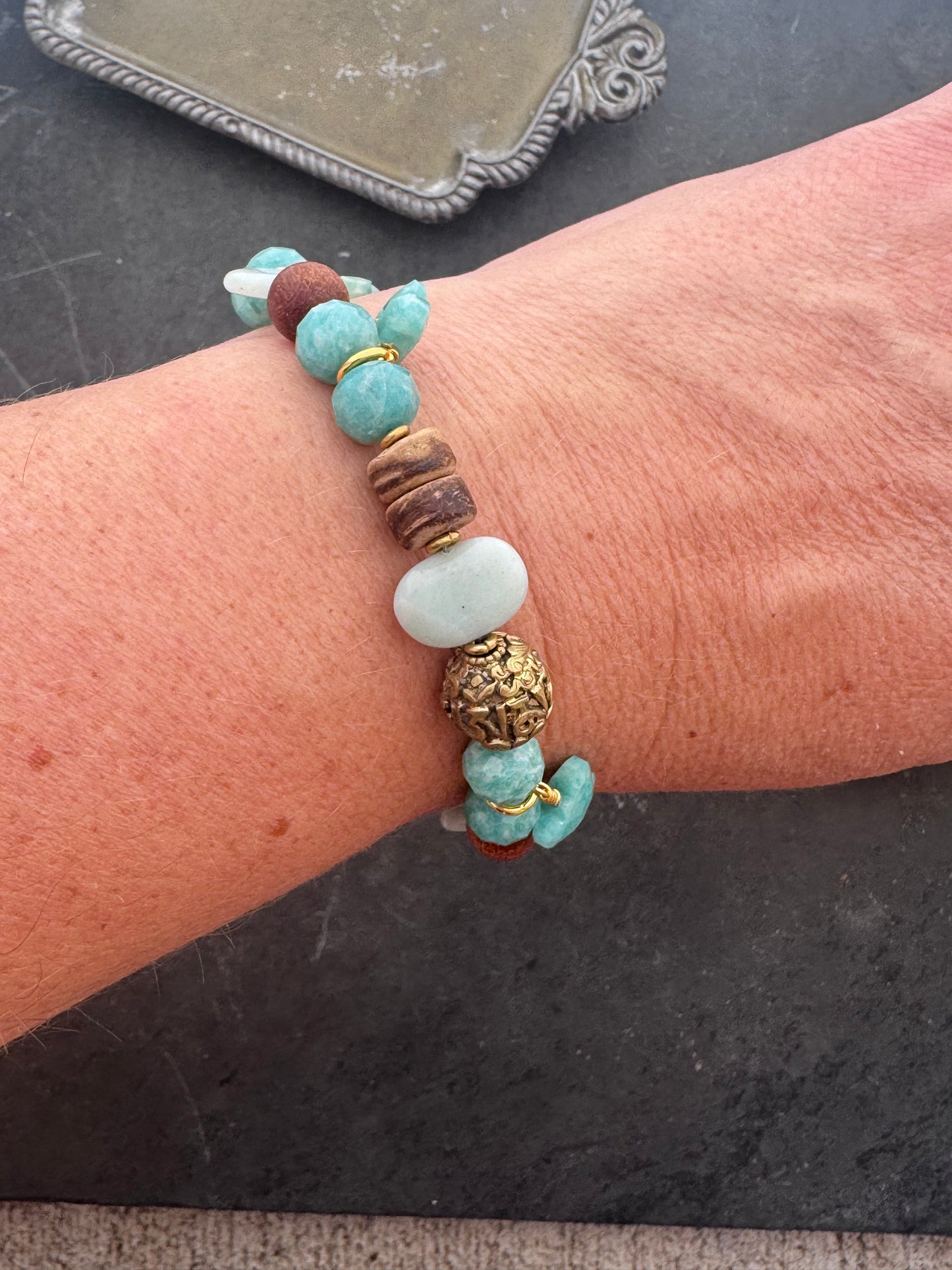 Amazonite, wood, gold metal charm bracelet.