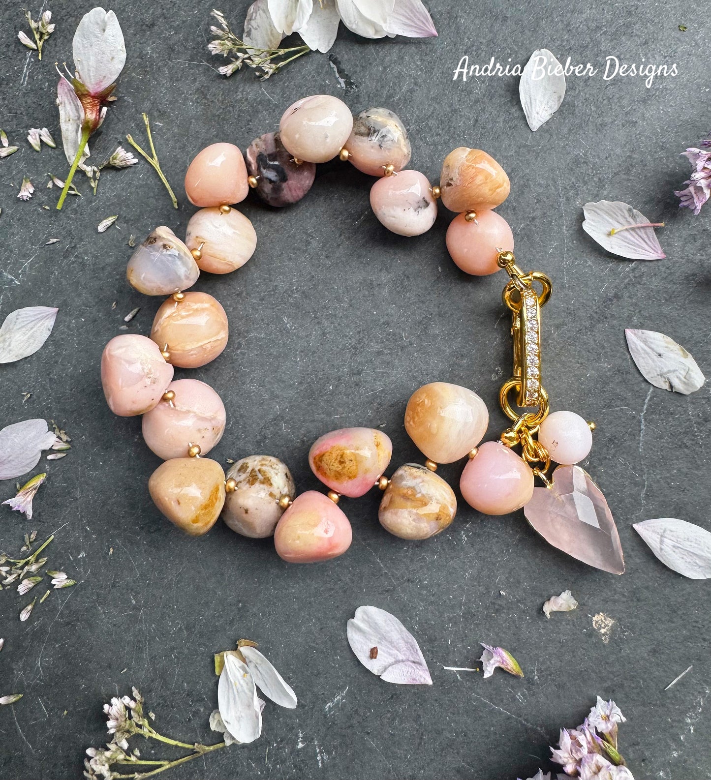 Pink opal stone, rhinestone gold clasp, rose quartz, bracelet.