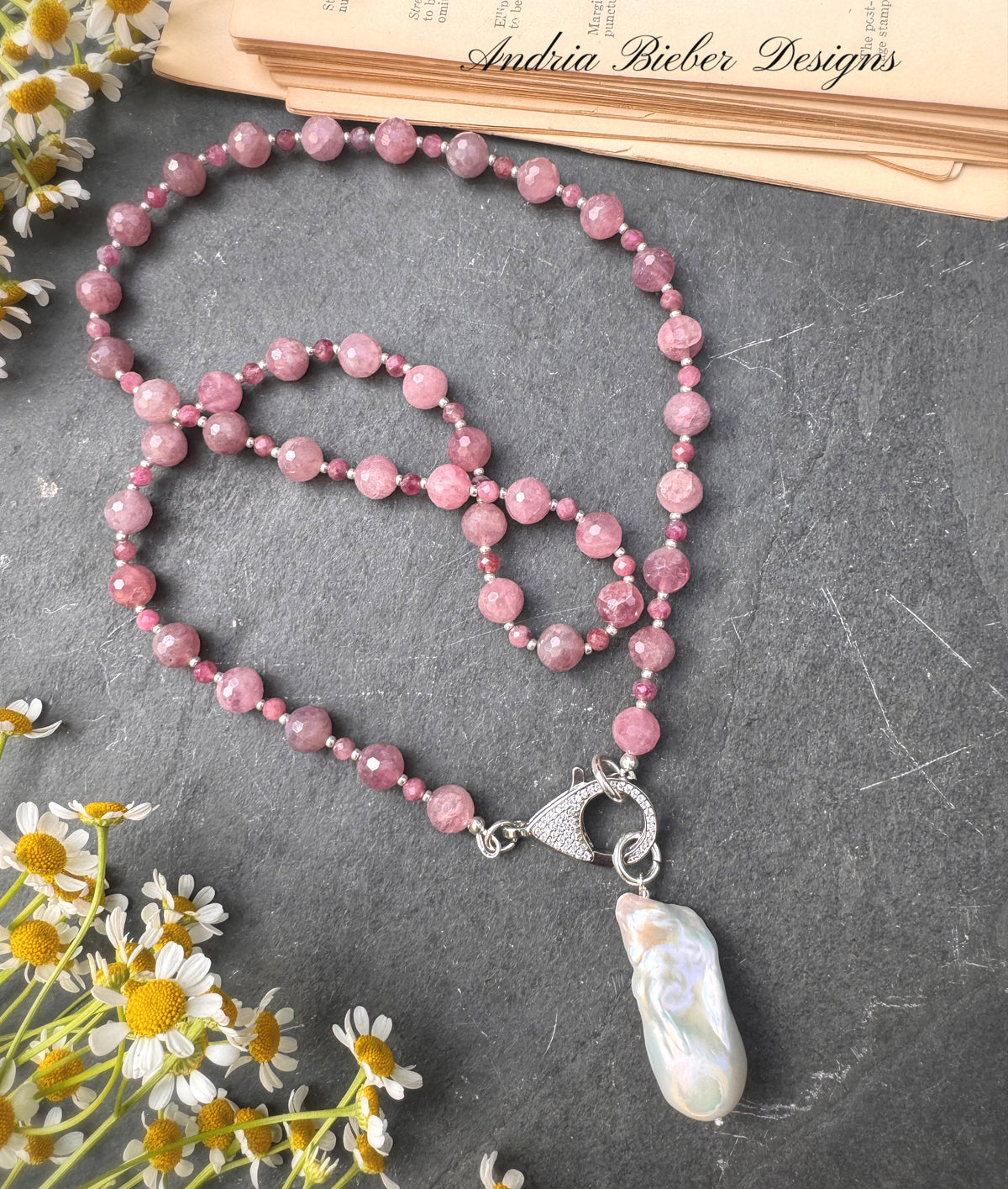 Pink tourmaline, Madagascar rose, quartz, Baroque freshwater pearl, silver metal, necklace