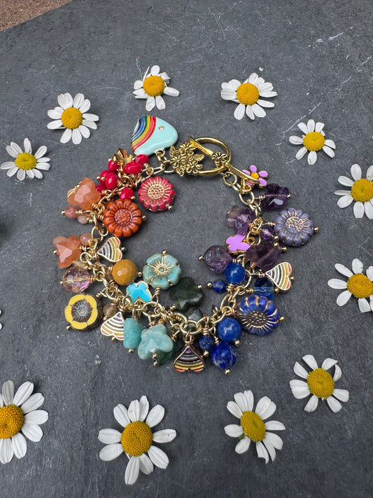 Bead kit. Rainbow bracelet. Mixed gemstone, Czech glass, charms and chain.