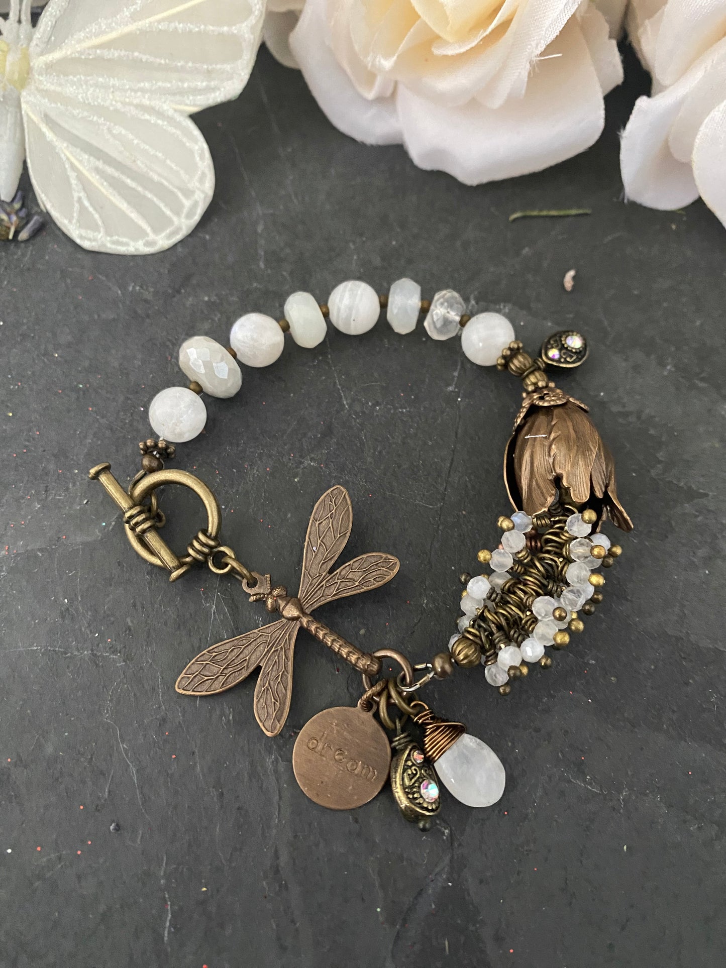 Moonstone, dragonfly, charm bracelet