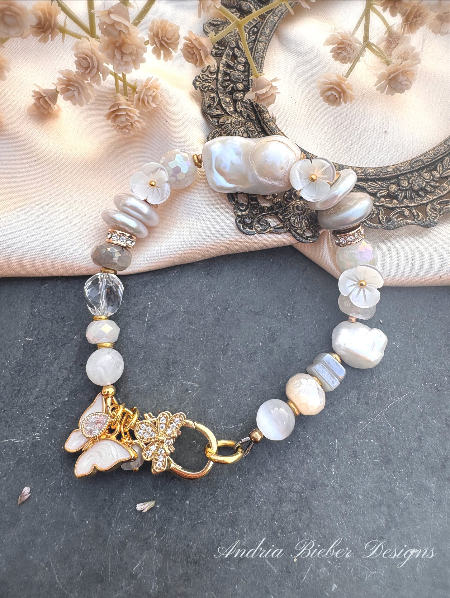 Baroque pearls, moonstone, clear quartz, selenite, shell flowers, rhinestone, gold metal, bracelet