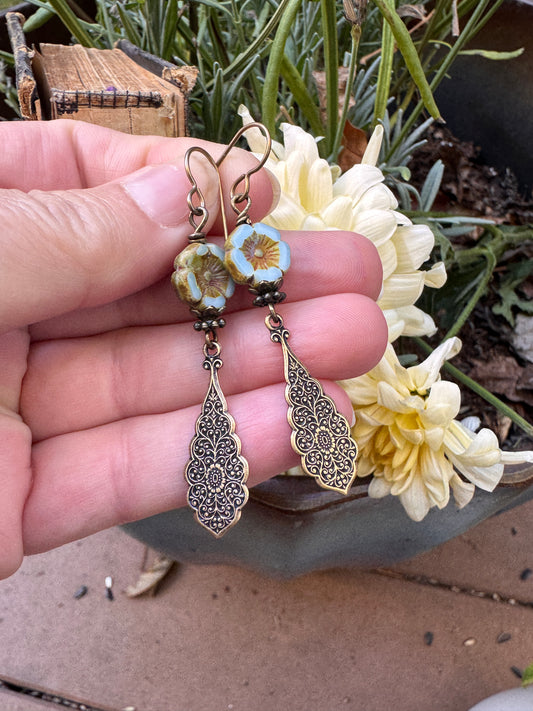 Czech glass blue flowers, brass filigree metal, earrings