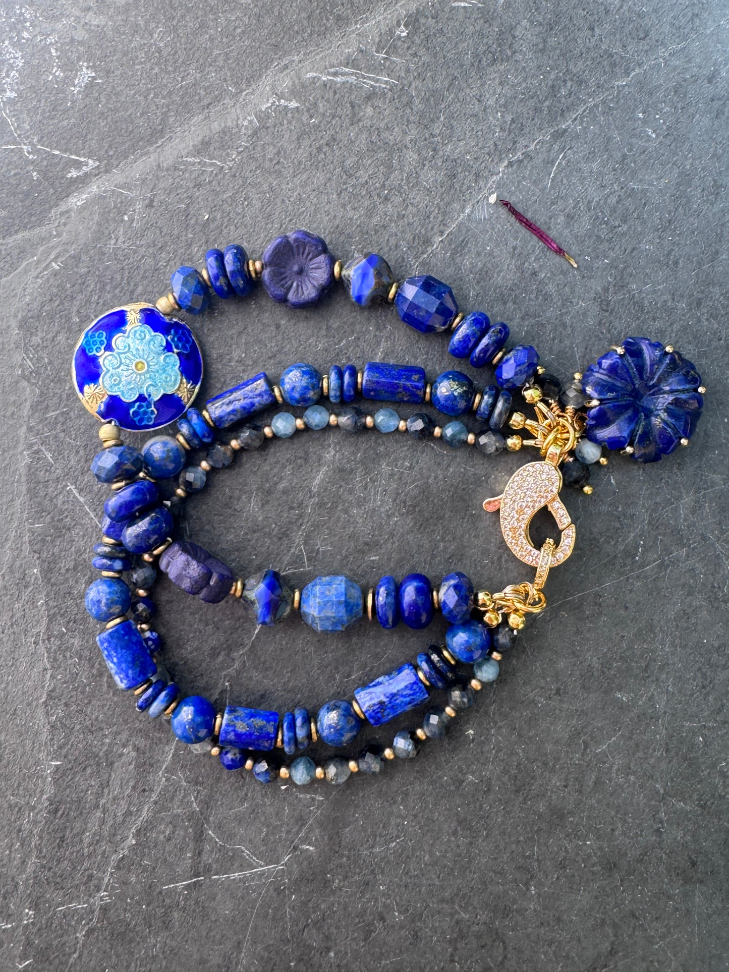 Lapis lazuli stone, czech glass, Cloisonné, gold metal, rhinestone clasp, bracelet