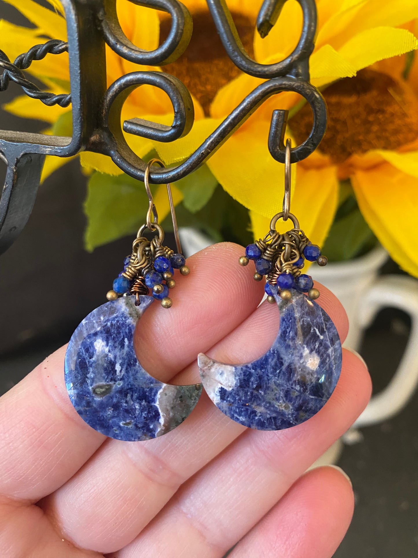 Sodalite moon stones, Lapis lazuli stone dangles, bronze metal, earring