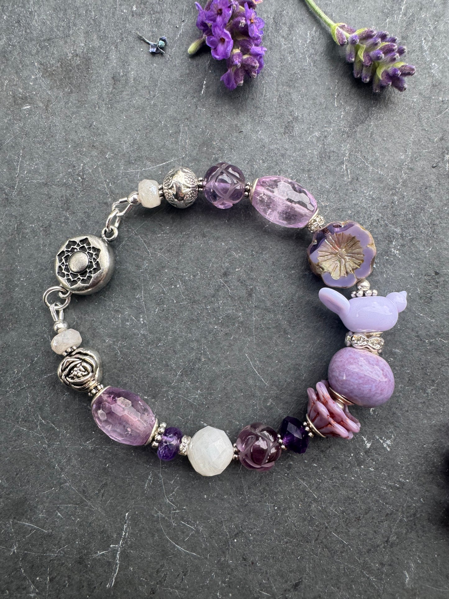 Amethyst stone, moonstone m, lampwork glass bird, magnet, clasp,silver metal, bracelet