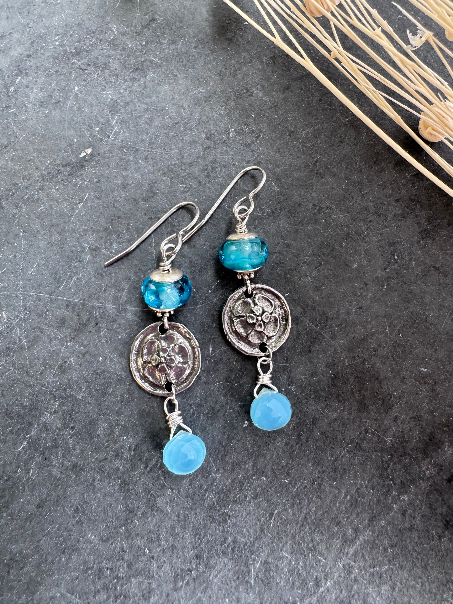 Handmade lampwork glass, blue chalcedony, silver pewter flower charm, earrings