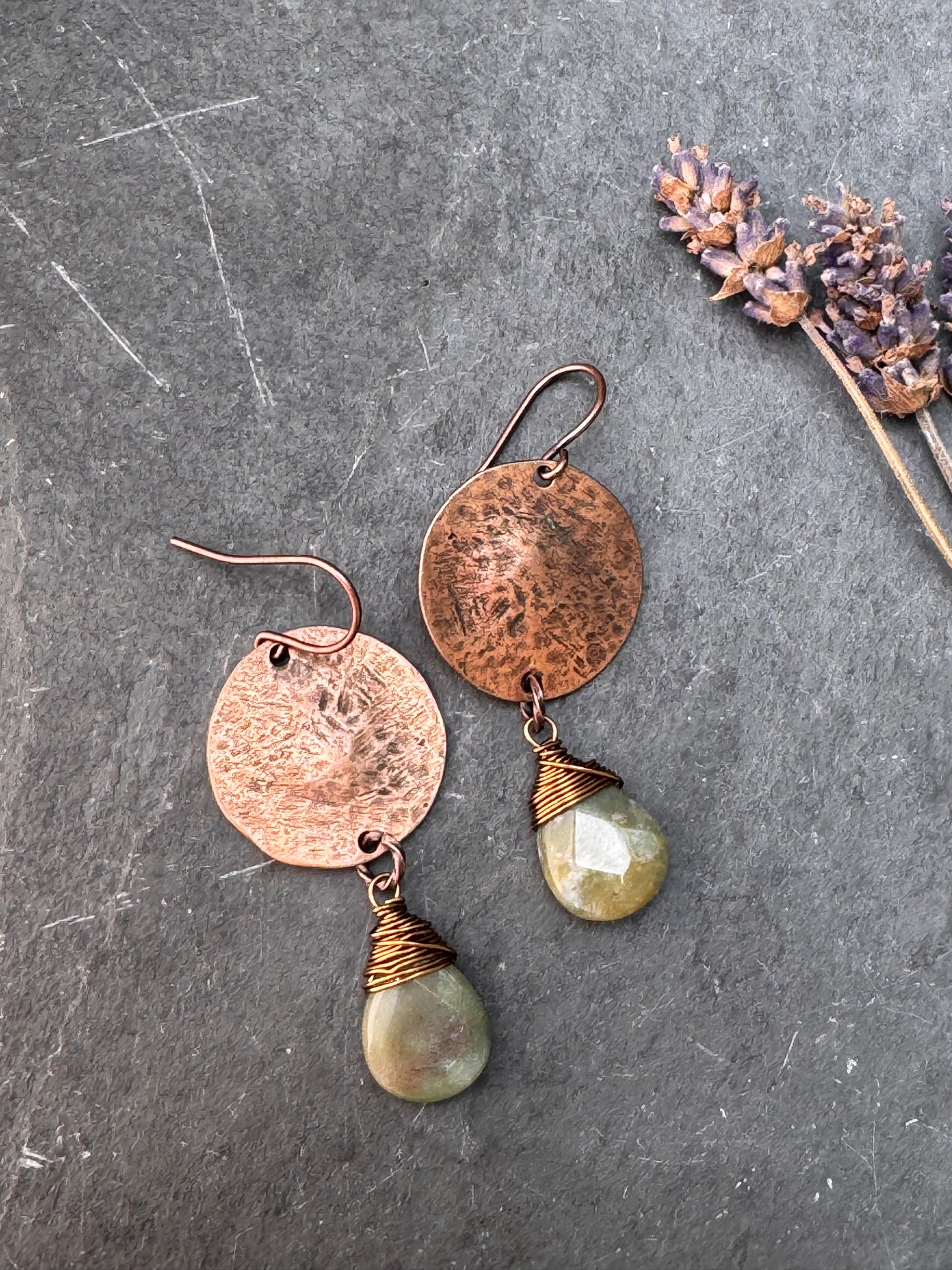 Green Jasper stone, copper metal, earrings