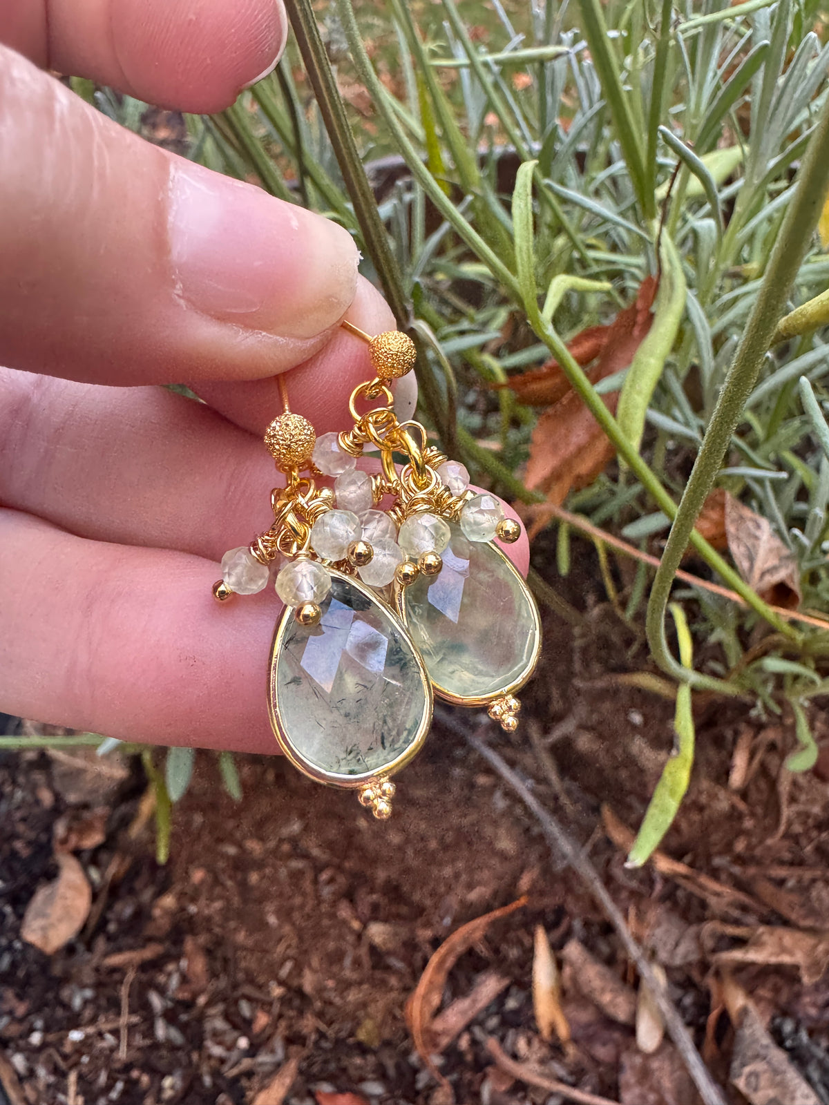 Prehnite stone, gold metal, drop, earrings