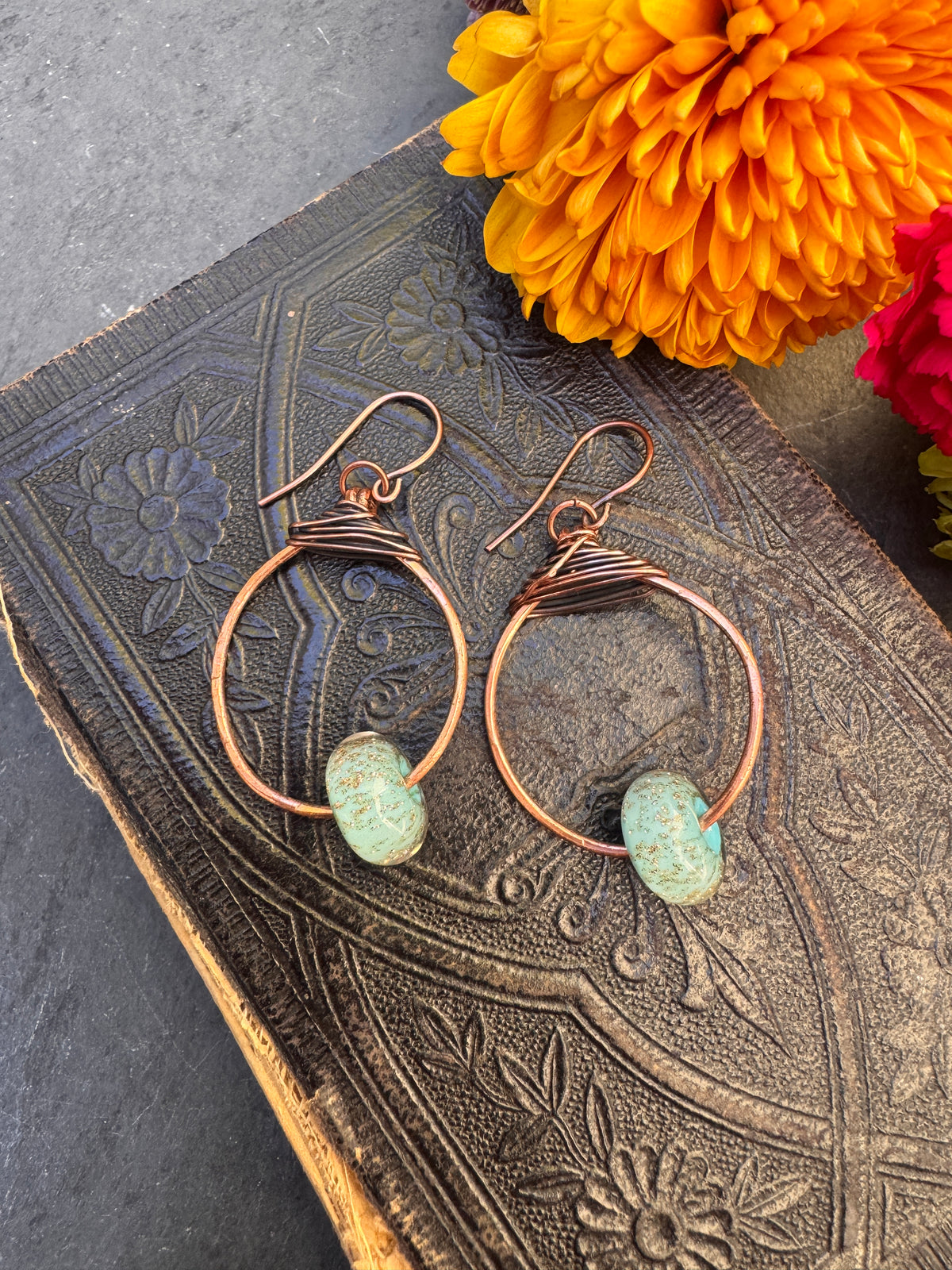 Handmade blue and copper sparkle lampwork glass, and copper metal hoop earrings