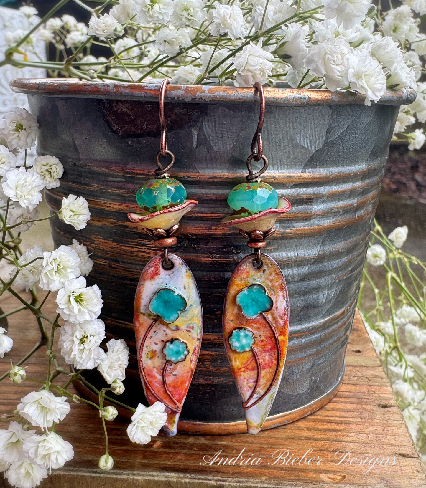 Enamel floral charms, enamel bead caps, copper metal, Czech glass, earrings