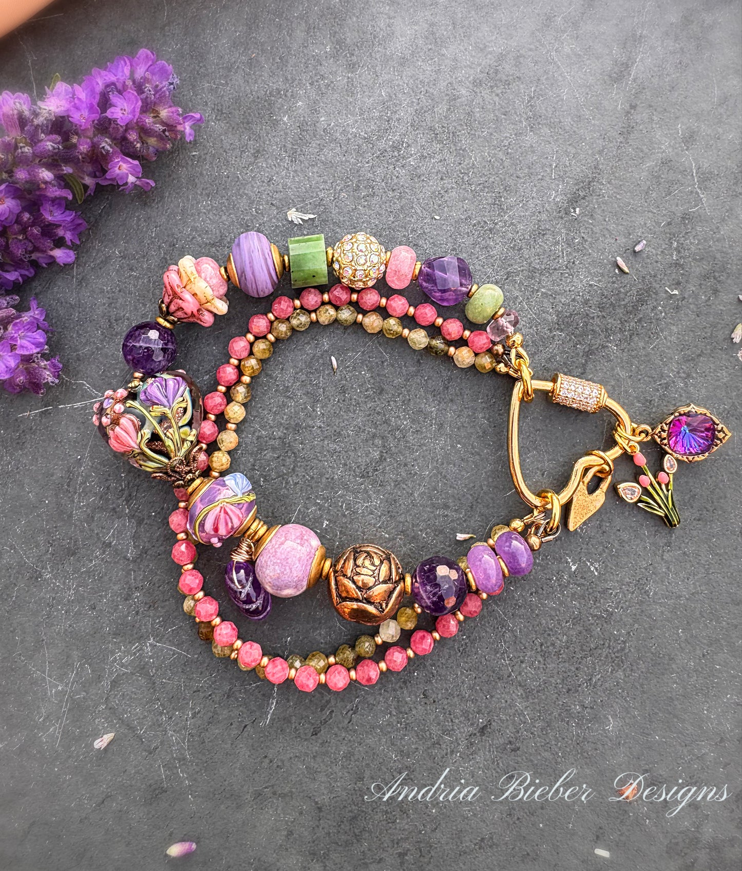 Heart lampwork glass, peridot, rhodochrosite, amethyst, jade, african opal, Czech glass, ceramic bead, rhinestone heart clasp.