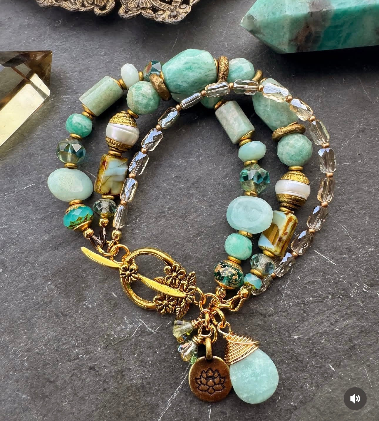 Amazonite stone, pearl, turquoise, african brass, Czech glass, bracelet.