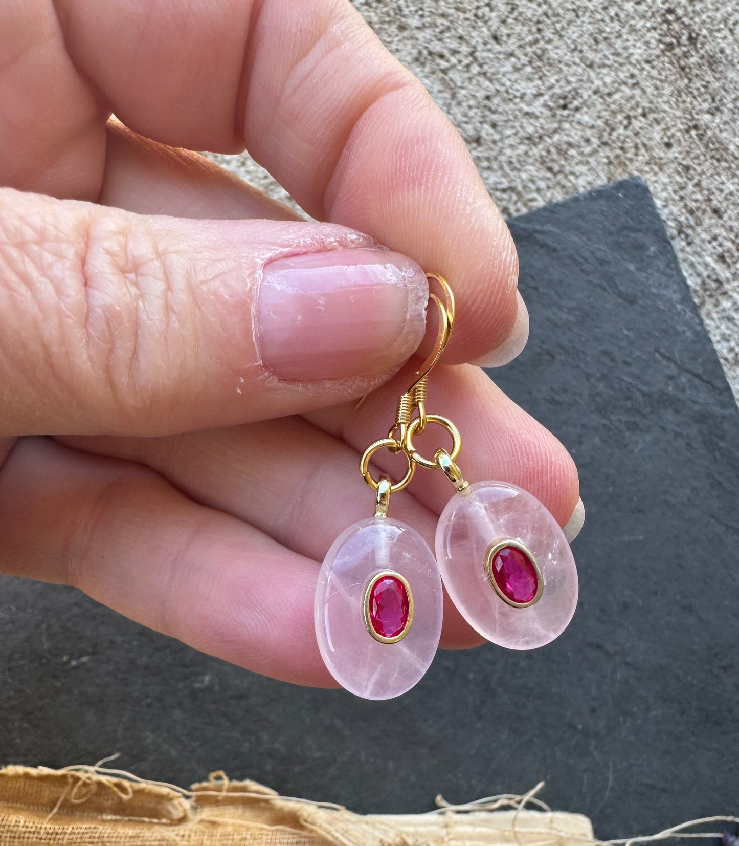 rose quartz, rhinestone pink, gold metal, earrings