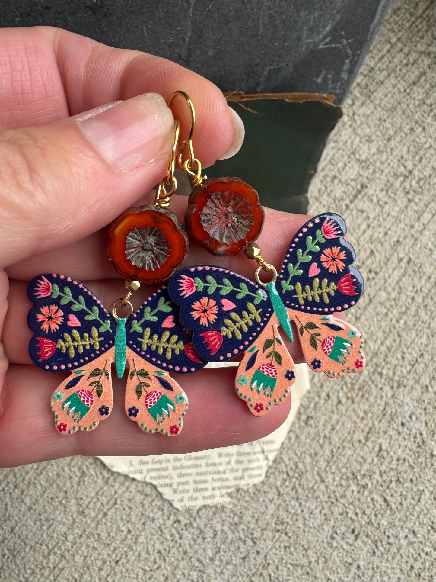 Enamel butterfly floral charm and flower Czech glass lightweight earrings