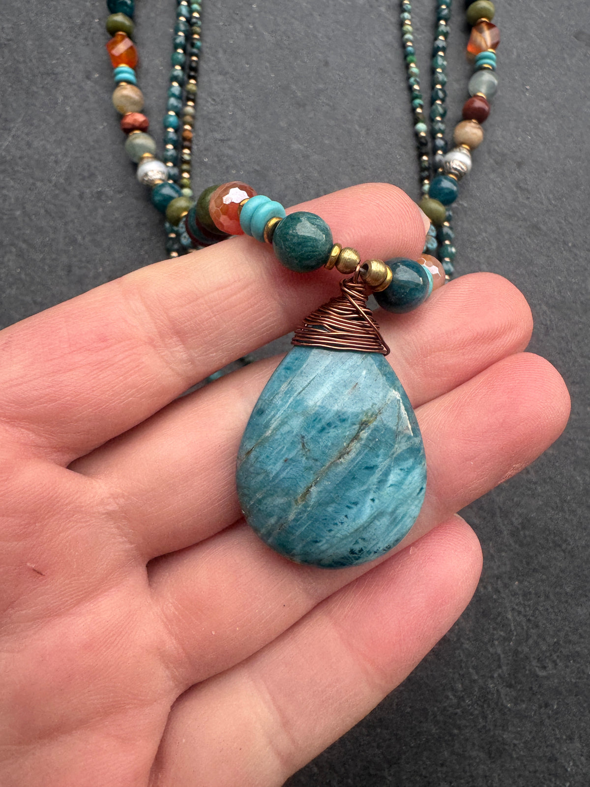 Apatite, Carnelian agate, Sunstone, turquoise, olivine, Lemurian Blue Calcite, Czech glass, pearls, wood, African brass, necklace, jewelry